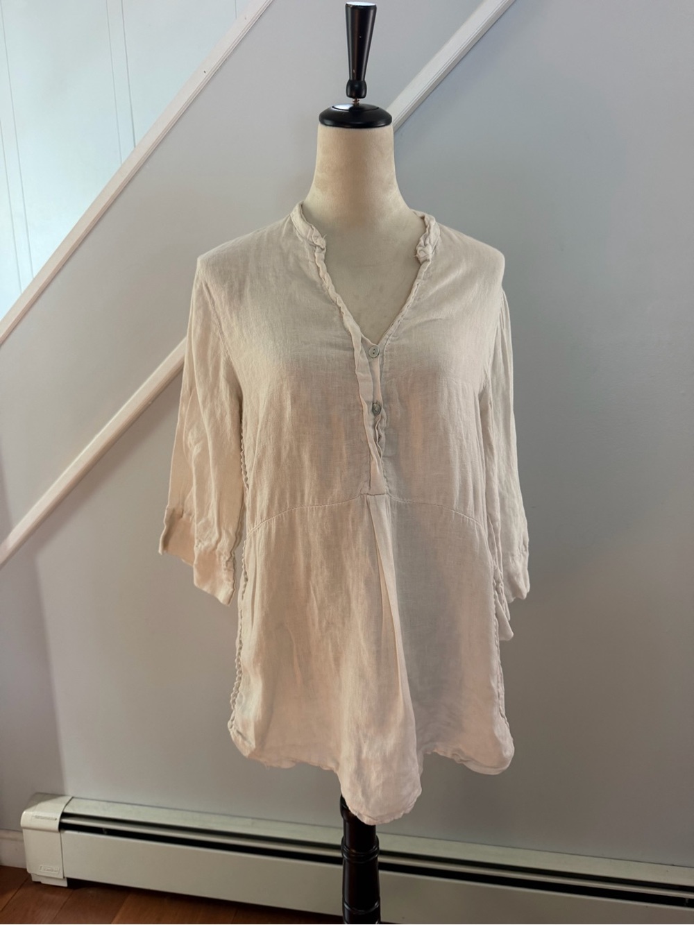 Laura Bianchi Italian Linen Tunic Top Womens L Cream Lagenlook Boho Made Italy